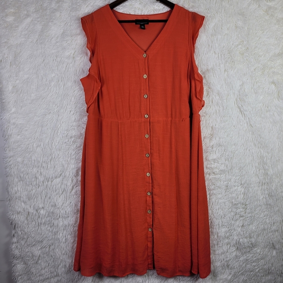 16W AGB Coral Orange Flutter Sleeve Full Button Midi Dress Gauzy - Picture 1 of 10